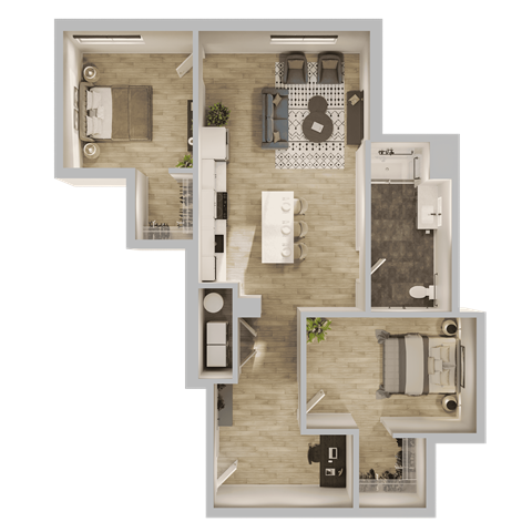 Floor plan for 2 beds, 1 bath, 1005 sqft